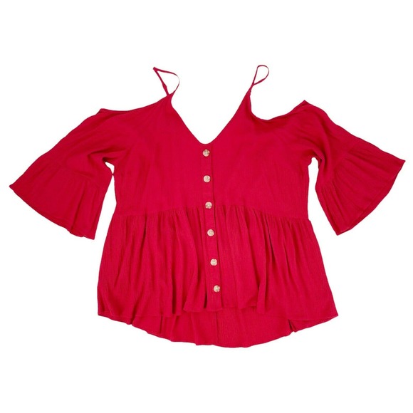 torrid Tops - Torrid Gauze Cold Shoulder Blouse Plus Sz 3X Red V-Neck Faux Button Up Bell Slv